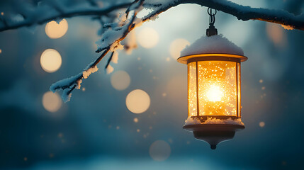 A glowing Christmas lantern hanging on a snowy branch