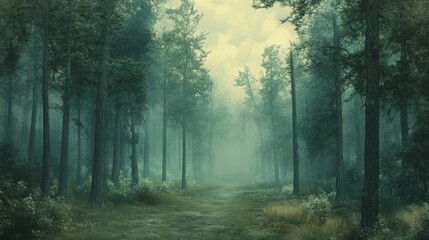 Fototapeta premium Misty pine forest in ethereal atmosphere