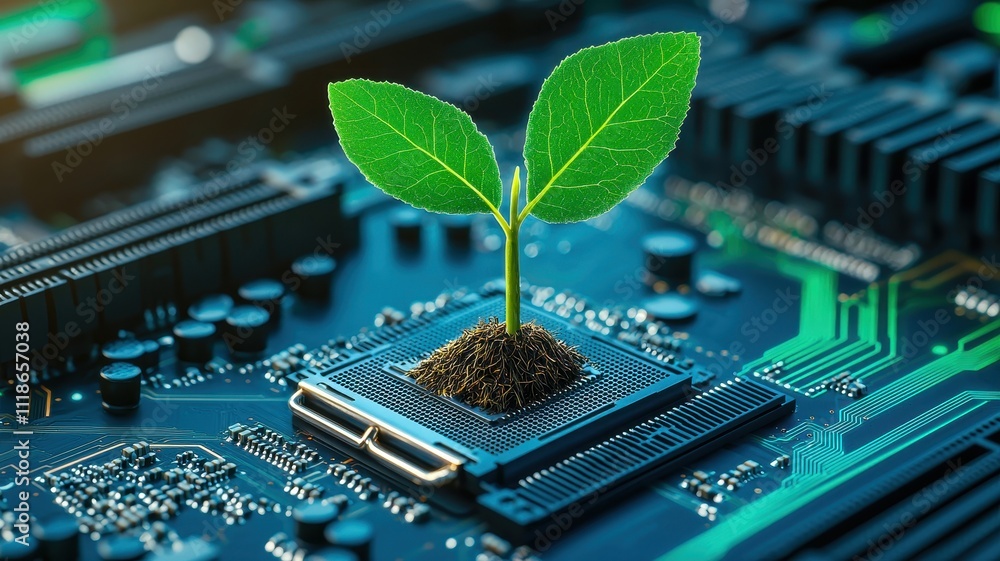 Poster a sapling sprouting from a computer motherboard, symbolizing tech-driven environmental regeneration.