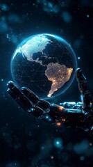 Fototapeta premium Cybernetic Caretaker: A robotic hand, sleek and futuristic, cradles a glowing blue Earth against a backdrop of twinkling stars.