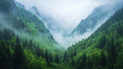 Fototapeta premium Misty valley surrounded by rugged mountains