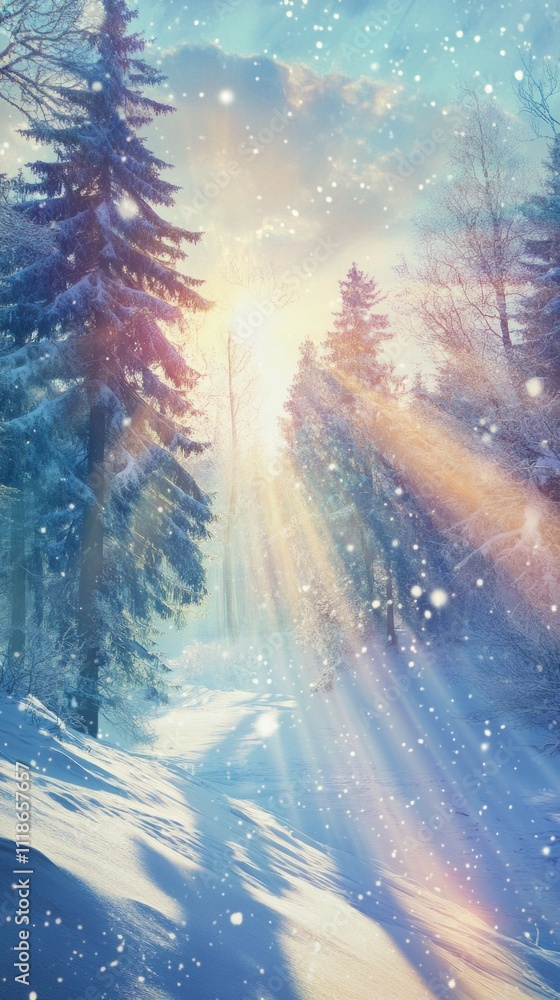 Poster soft rays of sunlight filter through tall, snow-laden trees in a tranquil forest. the scene captures