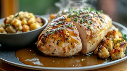 A delicious plate featuring grilled chicken, gravy, and a side of macaroni and cheese.