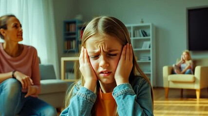A blonde girl sits on the floor, visibly distressed and covering her ears, while an adult woman looks on with concern in a brightly lit living room. The mood depicts tension and emotional strain,