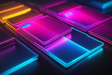 Neon-lit, layered, geometric shapes, vibrant colors.