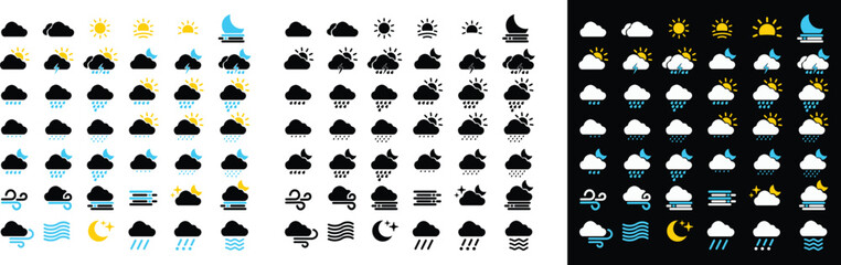 Weather flat icons set. Sun, rain, thunder storm, dew, wind, snow cloud, night sky render style symbol, raindrops. minimal vector for apps or website isolated on transparent background