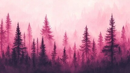 Mysterious pink mist in evergreen forest