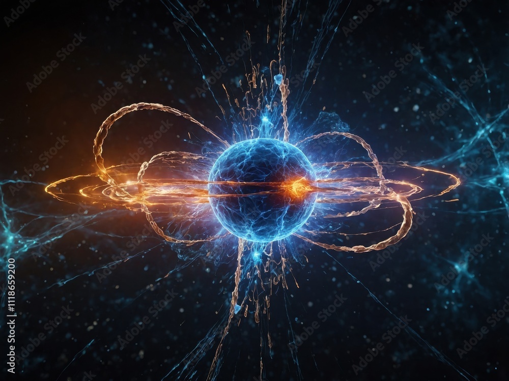 Aufkleber a dynamic high-resolution visualization of an atom, with glowing particles and vibrant energy waves 