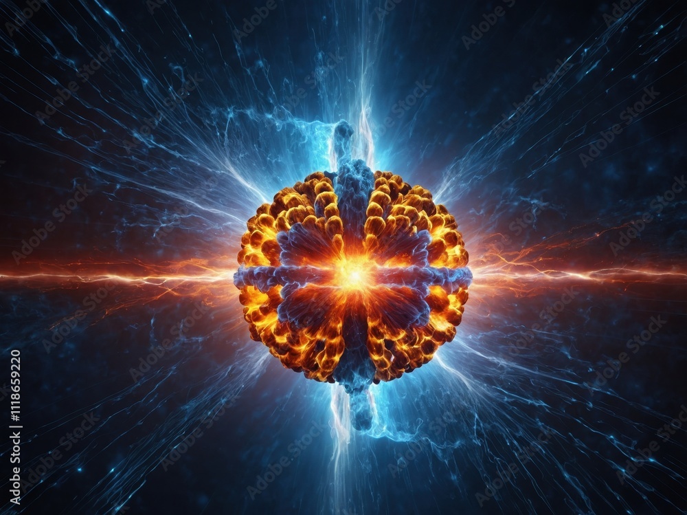 Aufkleber a dynamic high-resolution visualization of an atom, with glowing particles and vibrant energy waves 