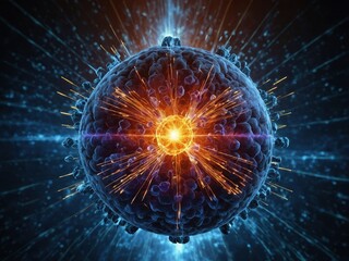 A dynamic high-resolution visualization of an atom, with glowing particles and vibrant energy waves representing atomic structure and scientific exploration