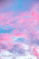 Fairytale sky with sugar cotton pink clouds in a dreamy background. Fantasy environment. Amazing...
