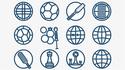 Editable line icon set of sports symbols, including football, cricket, golf, tennis, swimming, and chess, in a clean vector design