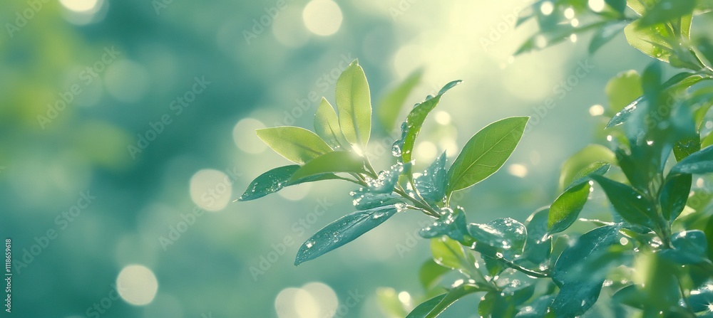 Poster tranquil forest background soft green tones gently blurred trees leaving ample copy space for text o