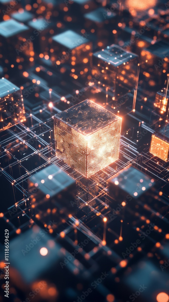 Poster Digital Core: A glowing, metallic cube, symbolizing data and technology, rests at the heart of a complex network of intricate circuits.