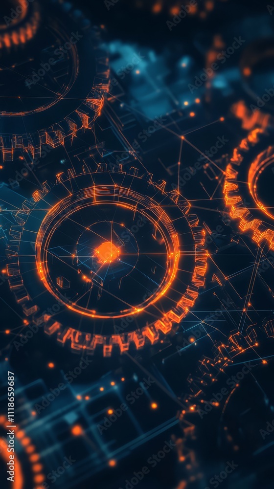 Poster interconnected gears of innovation: a mesmerizing abstract digital art background with glowing gears