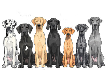 Seven grey dane dogs sitting side by side cartoon style illustration. Transparent background. PNG