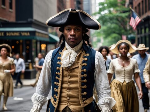 An American man dressed in 1776 colonial attire, reflecting the historical period of the American Revolution with authenticity and patriotic spirit