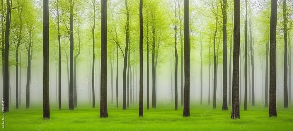 Poster tranquil forest background soft green tones gently blurred trees leaving ample copy space for text o