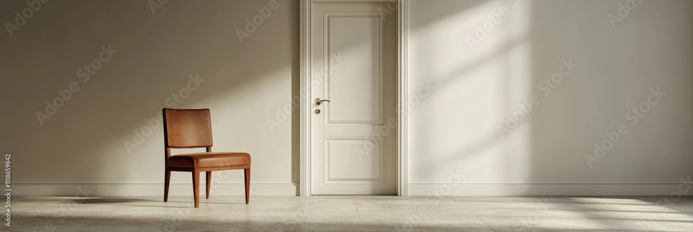 Aufkleber a spacious, empty room hosts a single chair at its center, with a closed door in the background, cre