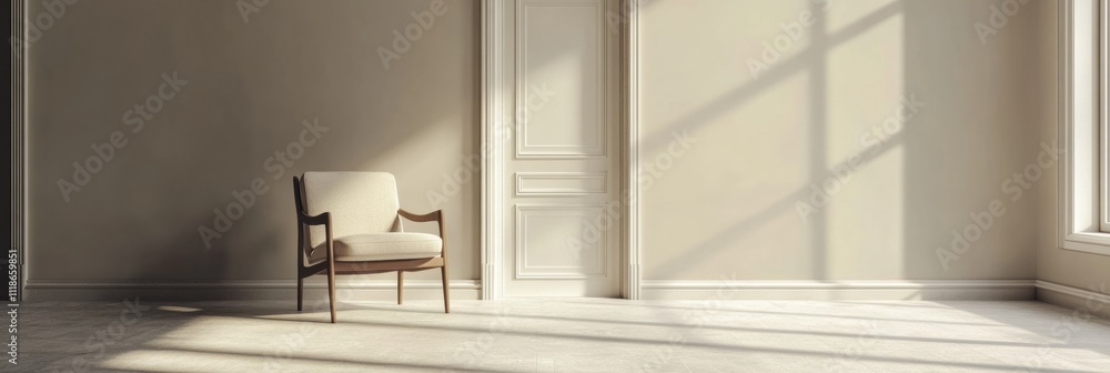 Aufkleber a simple and serene setting featuring an empty room with a lone chair illuminated by sunlight, invit