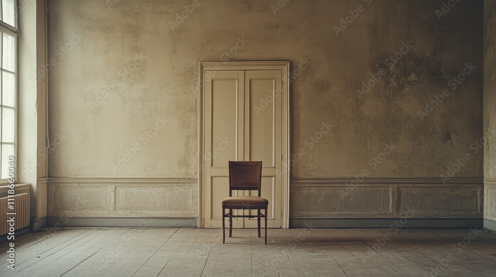Aufkleber an empty room features a solitary chair in the center, with a closed door behind it, creating a simp