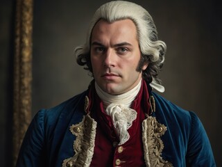 Closeup of a man wearing a traditional 1776 outfit with a colonial coat, and cravat, embodying historical elegance and patriotism