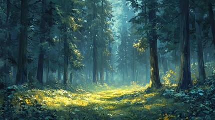 Fototapeta premium Mystical lush forest with pine trees and mist