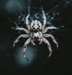 クモが糸を張っている様子と黒い背景の対比が印象的な近接撮影