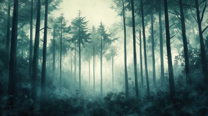 Naklejka premium Mystical pine forest in ethereal mist