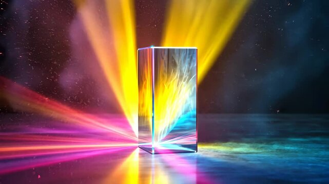 Light beam refracting through glass cube on black background