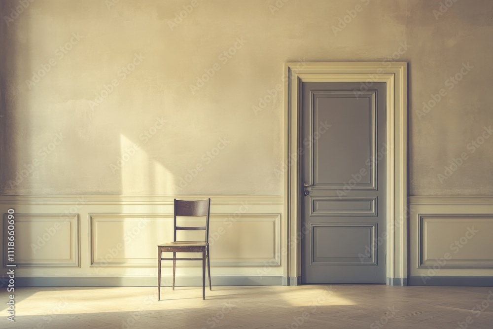 Aufkleber an empty room features a solitary chair in the center, with a closed door in the background, creatin