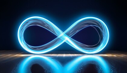 A blue neon glowing infinity sign with reflection on the floor with a deep blue background; infinity and beyond; limitless; neon blue glowing infinity symbol; graphic resources; graphic elements; 