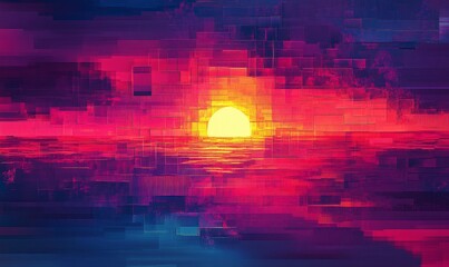 Abstract sunset; vibrant, geometric, digital hues.