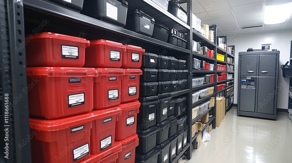 Aufkleber red and black storage containers are neatly organized on metal shelves, creating an efficient worksp