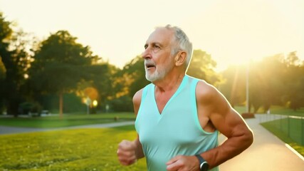 An elderly man jogs through a vibrant park at sunrise, embodying health and vitality. He enjoys warm sunshine while maintaining an active lifestyle in a peaceful environment.