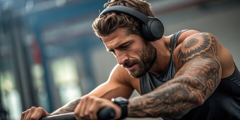 Handsome man in wireless headphones jogging or rowing on treadmill at gym and listening music while running, enjoying workout