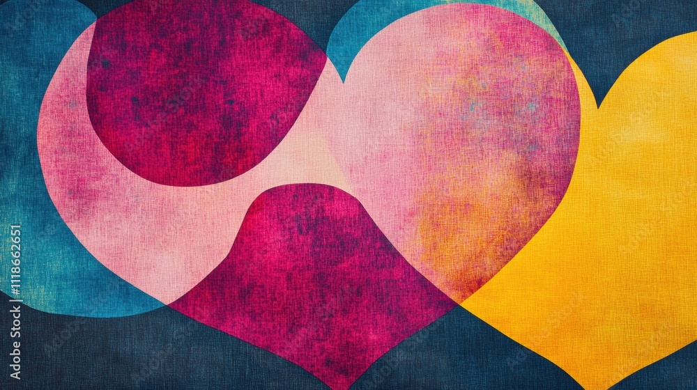 Aufkleber colorful hearts overlap in a retro risograph style, creating a bold graphic perfect for any text or 