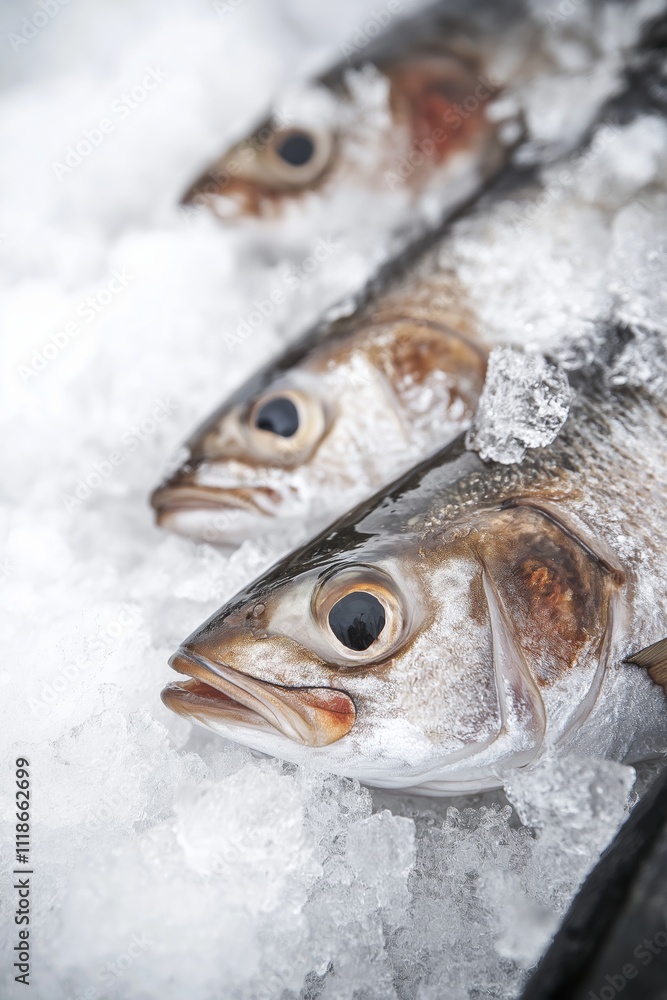 Poster three fish are in a display case with ice. the fish are in a row and are all facing the same directi