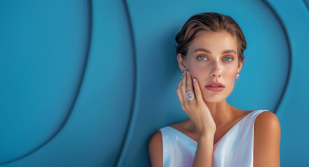 Promotional photo, jewelry, diamond model, blue background, beautiful woman