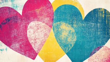 Fototapeta premium Bright abstract background featuring large colorful hearts, designed for text insertion and creative projects, capturing a playful retro vibe. Generative AI