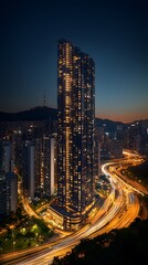 Fototapeta premium Night view skyscrapers, long exposure photography