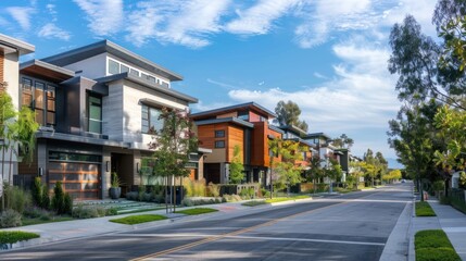 Obraz premium Modern Residential Street with Sustainable Homes Featuring Solar Panels and Vibrant Community Design