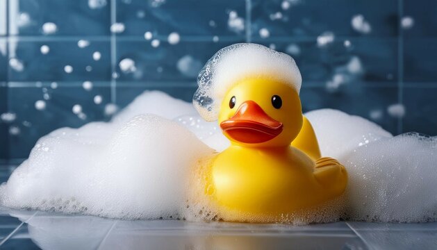 closeup of yellow rubber duck in bathtub with lots of foam