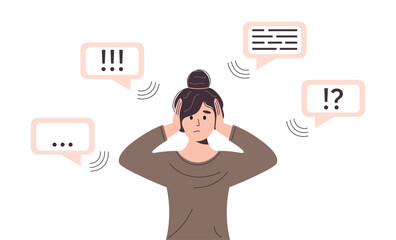 Woman plugs ears hands. Lots information around. Noisy news background. Girl covered ears her hands. Lots different information. Emotional stress. Flat vector illustration on white background.