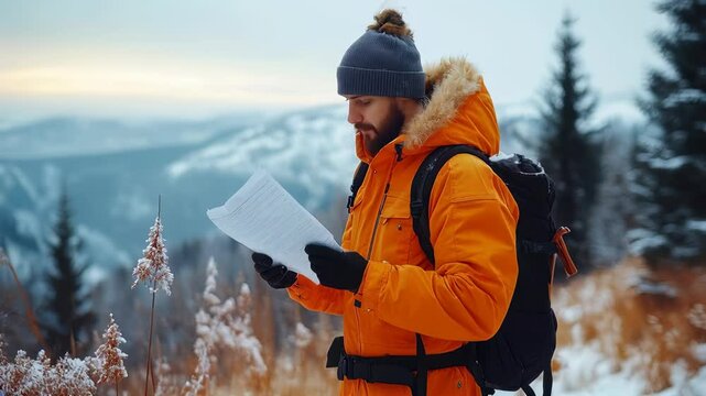 A man in an orange jacket is reading a map while wearing a hat and gloves. He is standing in a field with snow and trees in the background