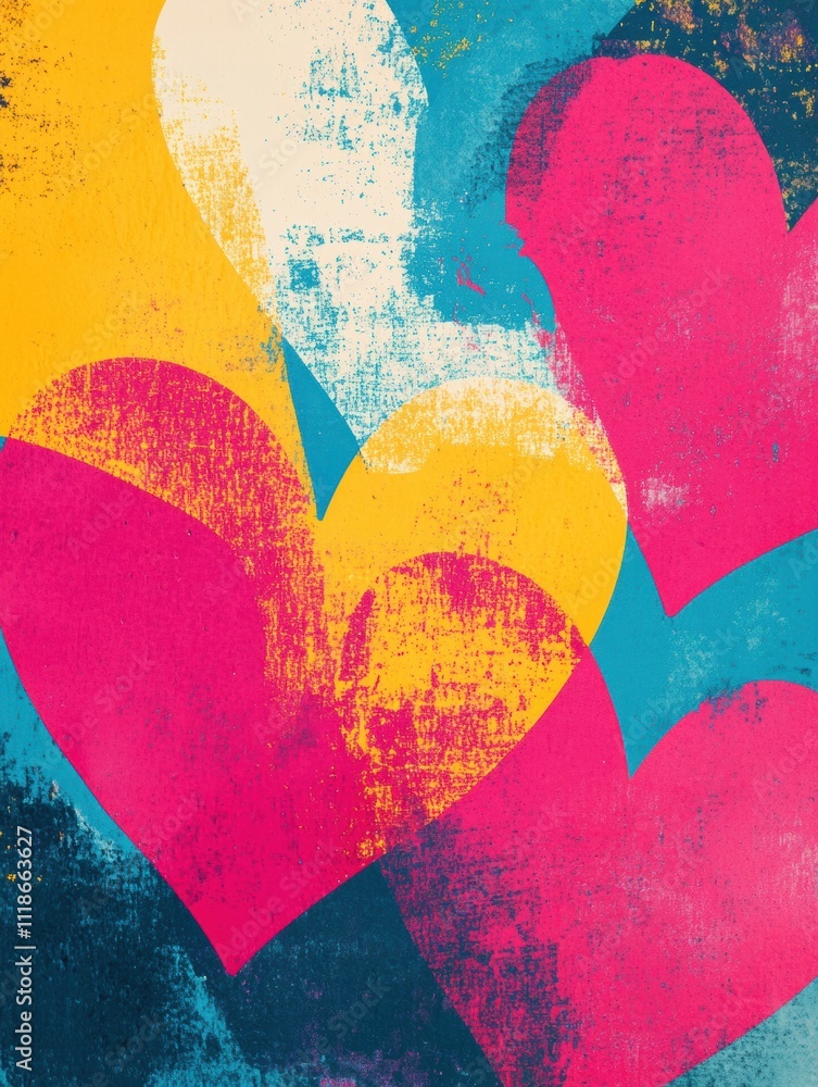 Poster bright retro-themed mockup showcases large colorful hearts overlapping on a textured background, per