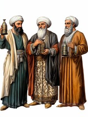 Three bearded men in robes, holding ornate vessels.