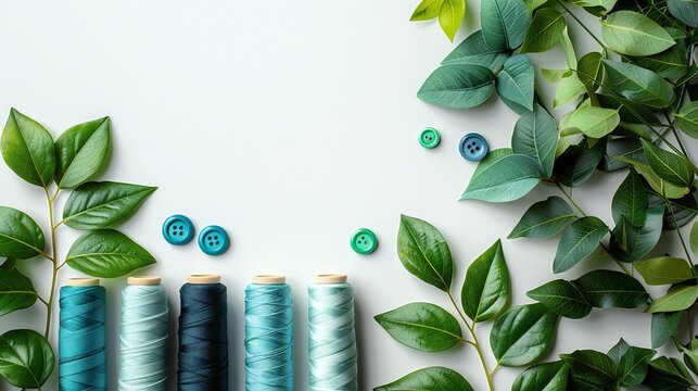 Green botanical arrangement, lush leaves and teal threads, creative craft design with subtle buttons, natural styling, refreshing foliage layout on light background, copy space

