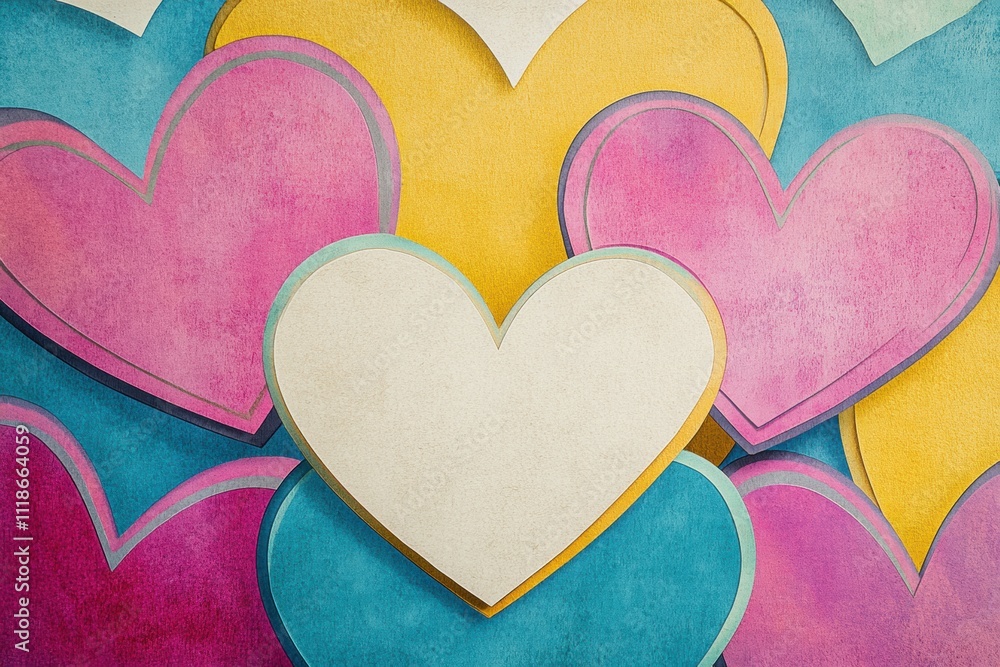 Poster colorful hearts in various shades of pink, blue, and yellow create a playful background perfect for 