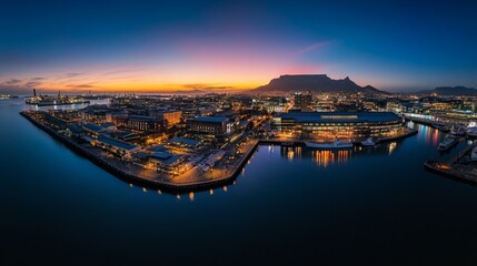 Fototapeta premium Panoramic sunset view of a city harbor at twilight, with cityscape lights reflecting on the water and a mountain in the background.